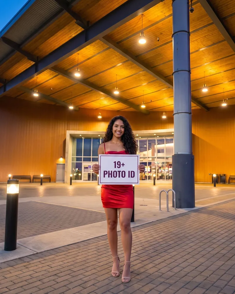 Woman in red with a 19+ card at the doors